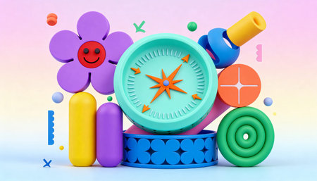 3d illustration of clock and colorful geometric shapes. Time management concept