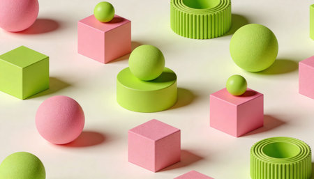 Colorful geometric shapes on white background, flat lay. Abstract composition