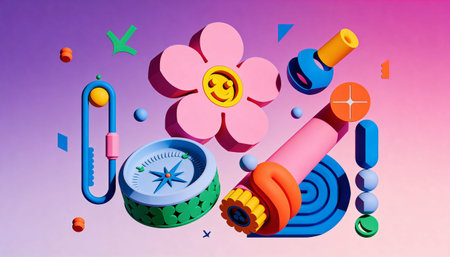 Compass and flower on colorful background. 3d vector illustration.