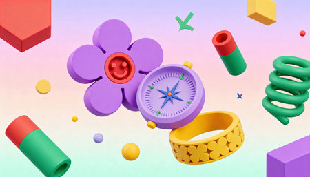 3d rendering of a compass and a flower on a colorful background