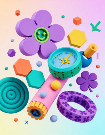 3d illustration of colorful geometric objects with clock and flowers on colorful background