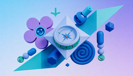 3d rendering of a compass on a colorful background with geometric shapes