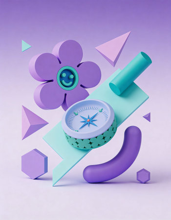 3d illustration of compass and flower on a purple background.
