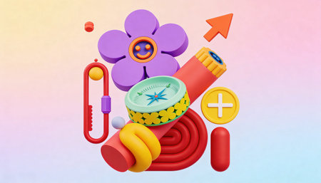 Flower with compass and sports equipment on colorful background. 3d rendering