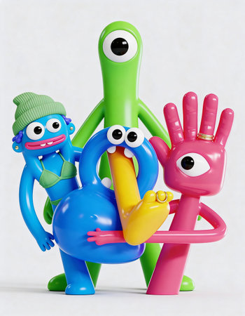 Plasticine monsters with different poses on a white background. 3d rendering.