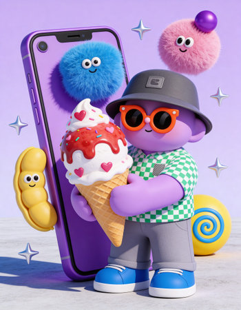Funny ice cream character with mobile phone. 3d illustration.