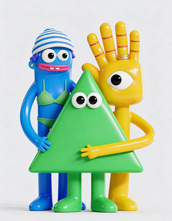 Funny colorful plasticine characters holding a triangle.