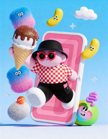 3d illustration of a funny ice cream character with mobile phone.