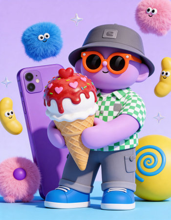 Toon character with ice cream and mobile phone on a purple background
