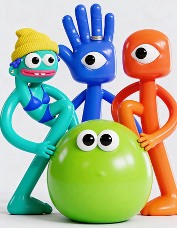 A group of colorful plasticine figures and a green ball on a white background