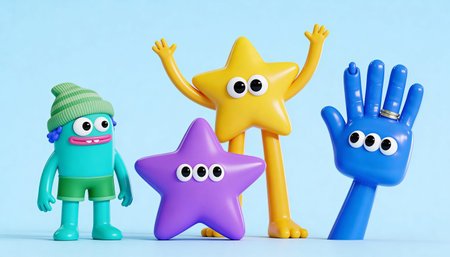3d illustration of a group of yellow and blue star characters with a green hat