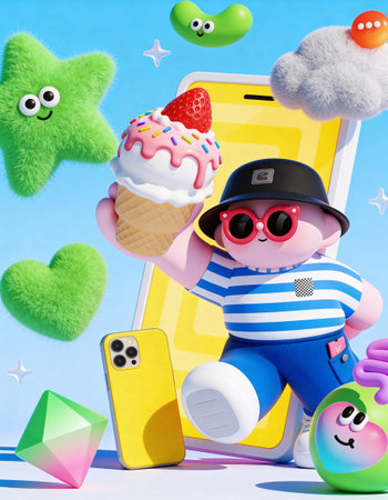 3d illustration of a cute baby with mobile phone and ice cream