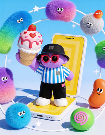 3D illustration of a cartoon character with ice cream and mobile phone