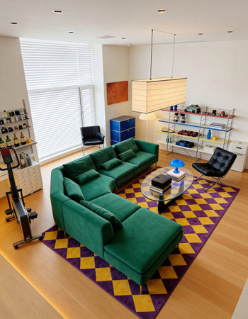 Interior of a modern living room with green sofa
