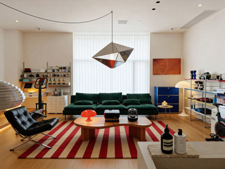 interior of modern living room with green sofa, coffee table and lamp