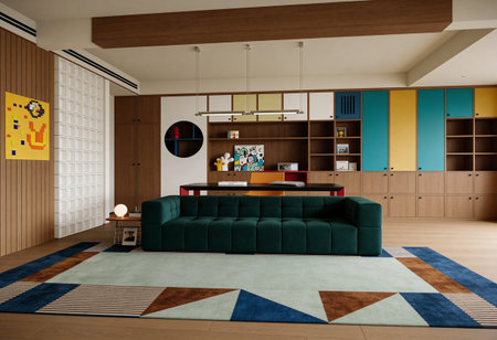 Interior of a living room with a green sofa and a bookcase.