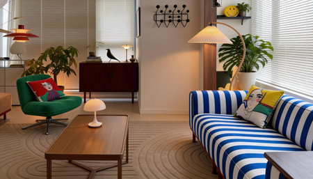 Interior of a living room with a blue sofa and a coffee table