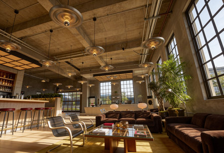Interior of a modern coffee shop with a brown leather sofa, a glass coffee table and a large window