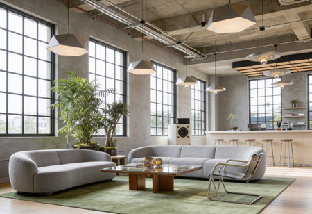 Interior of modern living room with gray sofa and wooden coffee table
