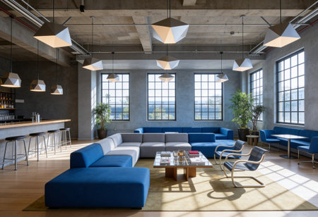 Interior of a modern cafe with blue sofas 3d render