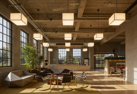Interior of a hotel lobby with a panoramic window. 3d render