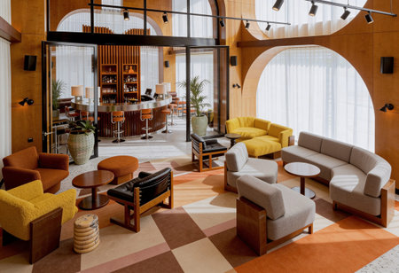 Interior of a modern hotel lobby with sofas and armchairs