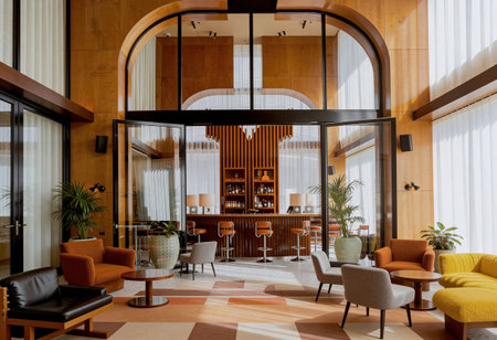 Interior of a hotel lobby with armchairs and bookshelves