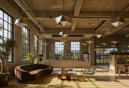 Interior of a modern office with a brown sofa and large windows