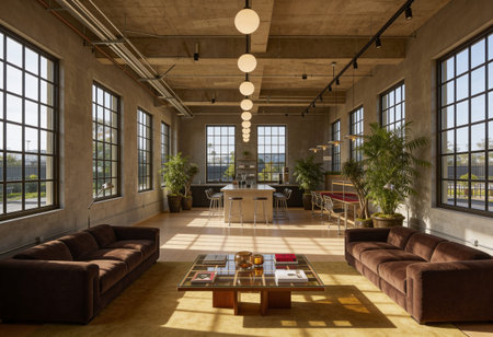 Interior of a modern office with brown leather sofas. 3d render