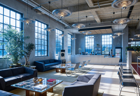 Interior of a modern office lobby with large windows overlooking the city