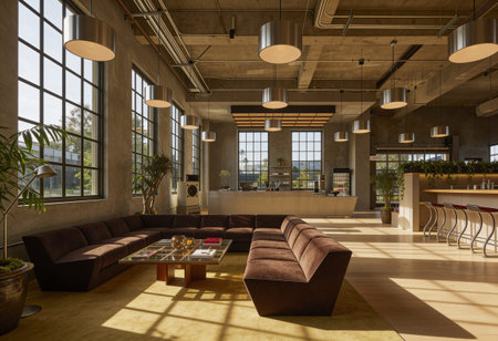 Interior of a cafe with brown leather sofas. 3d rendering