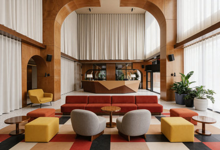Interior of a hotel lobby with orange and yellow sofa and armchairs