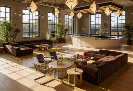 Interior of luxury hotel lobby with sofas and armchairs