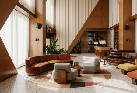 Interior of modern hotel lobby with brown sofa and armchairs. 3d rendering