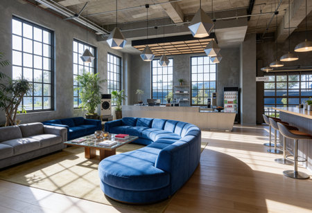 Interior of a modern cafe with blue sofas. Nobody inside