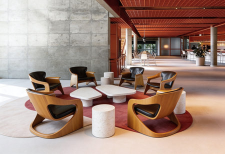 Interior of a modern hotel lobby with wooden armchairs and tables