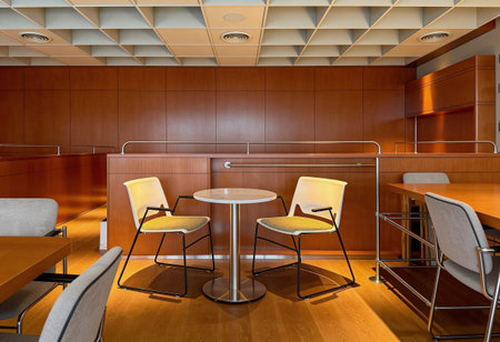 Interior of a modern cafe with wooden walls and wooden floor. 3d rendering