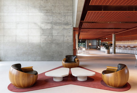 Interior of a modern office lobby with wooden armchairs and coffee tables