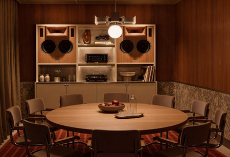 Interior of a modern living room with a round wooden table and black chairs
