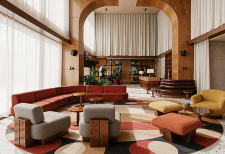 Interior of hotel lobby with sofa, armchairs and coffee tableの写真素材