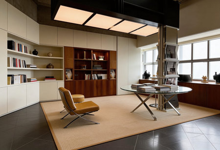 Interior of a modern office, living room with bookshelves
