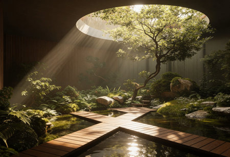 Luxury Japanese garden in the evening light. 3d rendering.