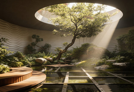 3D render of a beautiful Japanese garden with a fountain and a treeの写真素材