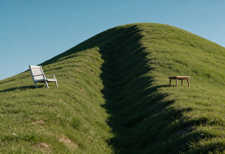 Two chairs on a hillside with grass and blue sky in the background