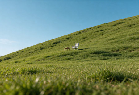 Lonely chair on grassy hillside with clear blue skyの写真素材