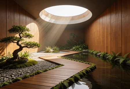 3D rendering of a Japanese garden with bonsai and wooden floorの写真素材
