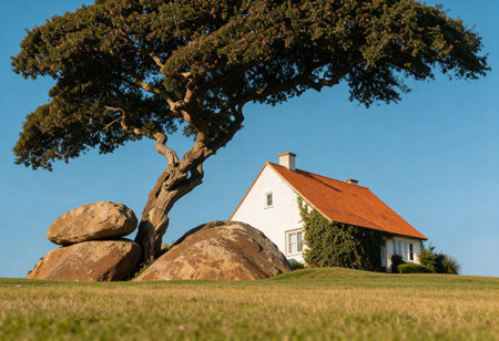 House with a tree on a meadow and blue sky background.