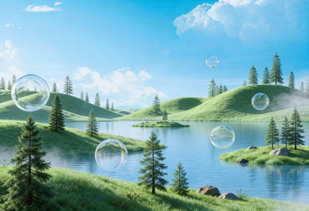 Soap bubbles floating on the water of a lake with green hills in the background