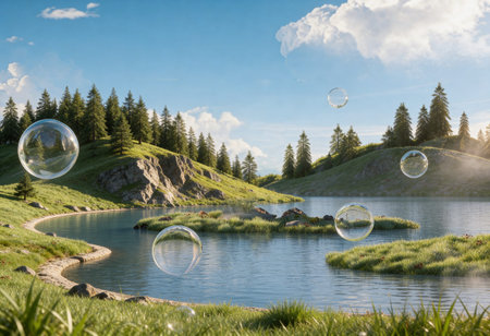 Soap bubbles on the background of a mountain lake in the summer