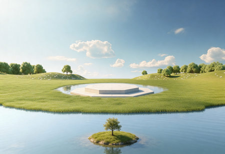 3D render of a course with grass and blue sky.